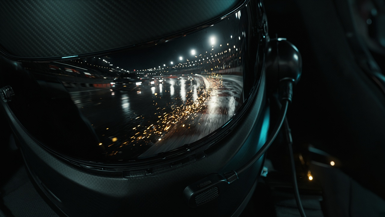 Racing helmet visor reflecting a floodlit night circuit — voice race engineer