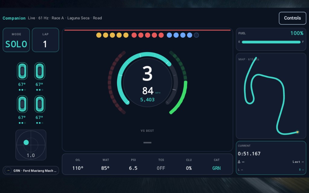 Companion landscape HUD at Laguna Seca — gear, RPM, tires, fuel, and lap time