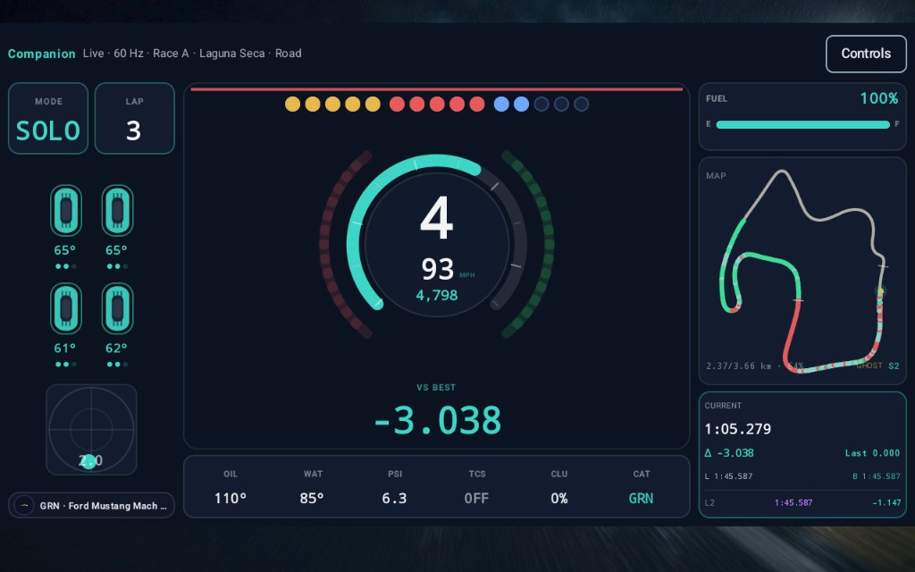 Companion landscape HUD with a pace ribbon and live gap — the screen used while training